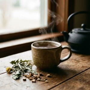 Eine dampfende Keramiktasse mit Kräutertee auf einem Holztisch vor einem Fenster. Daneben liegen getrocknete Löwenzahnblätter und Wurzelstücke für die Zubereitung.
