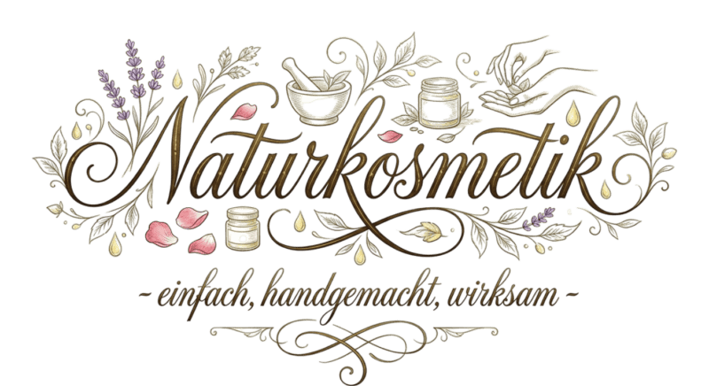 Verzierter Schriftzug „Naturkosmetik – einfach, handgemacht, wirksam“ mit Illustrationen von Händen, Mörser, Gläsern, Blüten und Pflanzen, farbig und detailreich gestaltet, handwerklicher Charakter auf hellem Hintergrund
