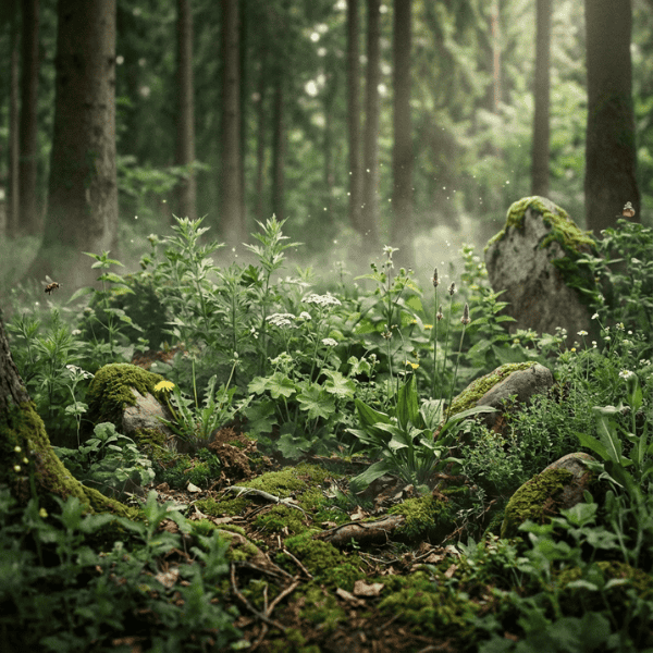 Verschiedene Wildpflanzen wachsen zwischen Moos, Steinen und Waldboden in einem lichten Wald und bilden ein natürliches Zusammenspiel aus Boden, Feuchtigkeit und Licht.