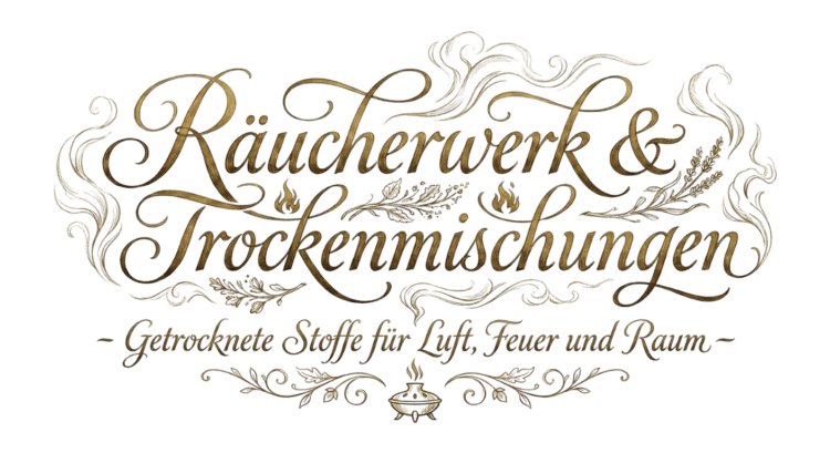 Kalligrafischer Schriftzug „Räucherwerk & Trockenmischungen – Getrocknete Stoffe für Luft, Feuer und Raum“, umgeben von Rauchornamenten, Kräuterzweigen und feinen Linien im Stil alter Handschriften.