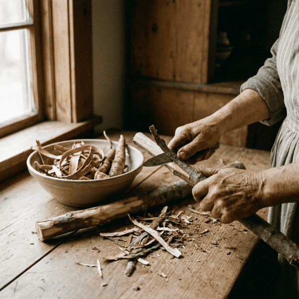 Hände schälen frische Baumrinde mit einem einfachen Messer an einem Holztisch am Fenster; Rindenstreifen und Holzreste liegen verstreut, eine Schale sammelt das gelöste Material – handwerkliche Szene traditioneller Verarbeitung.