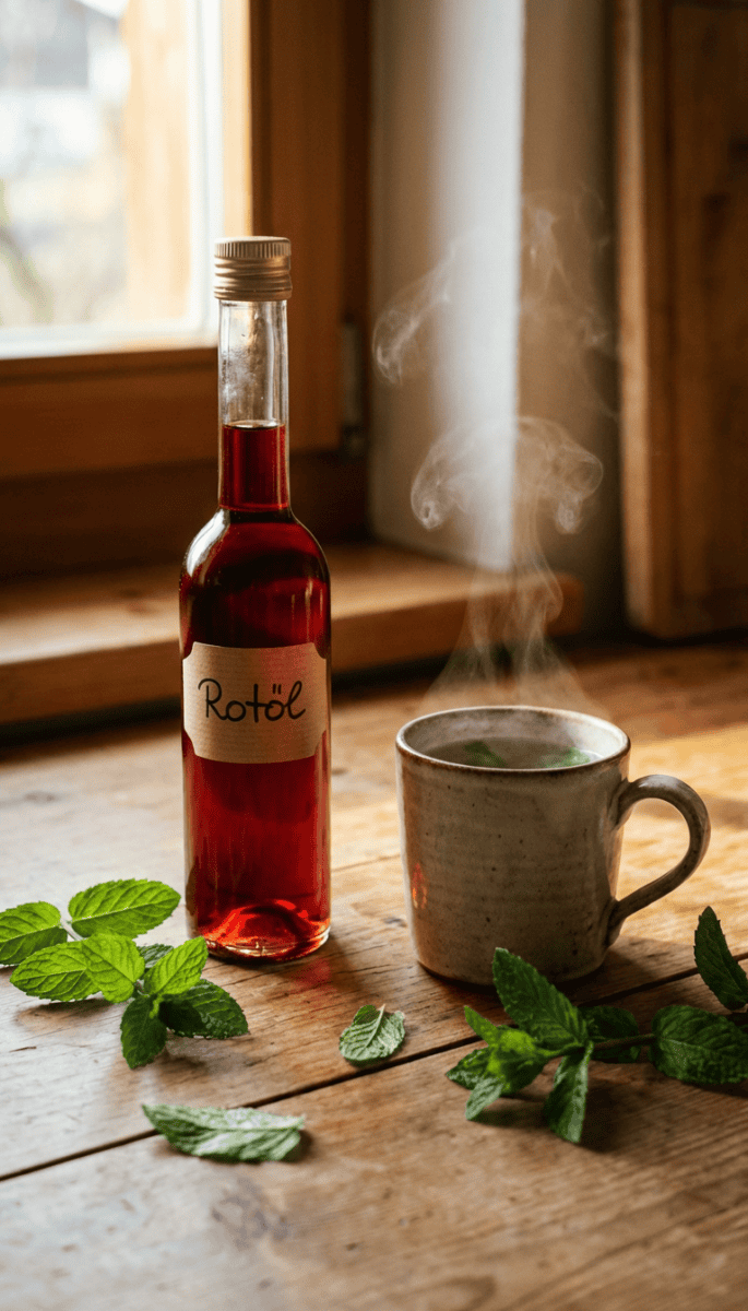 Schlanke Glasflasche mit handbeschriftetem Rotöl neben einer dampfenden Tasse Pfefferminztee auf einem Holztisch, frische Pfefferminzblätter liegen daneben