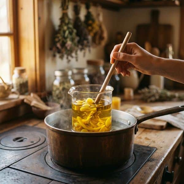 Eine Nahaufnahme des Herstellungsprozesses: Eine Hand rührt mit einem Glasstab die geschmolzene, goldgelbe Mischung aus Öl und Bienenwachs in einem Becherglas, das in einem Wasserbad-Topf auf einem rustikalen Holztisch steht. Um das Wasserbad herum sind Zutaten wie ein Glas mit Bienenwachs-Pastillen, eine Flasche Öl und getrocknete Ringelblumenblüten arrangiert.