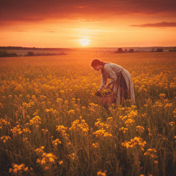 Eine Frau sammelt zur Zeit der Sommersonnenwende gelb blühende Wildpflanzen auf einer Wiese bei Sonnenuntergang – traditioneller Umgang mit Pflanzen im Jahreslauf.