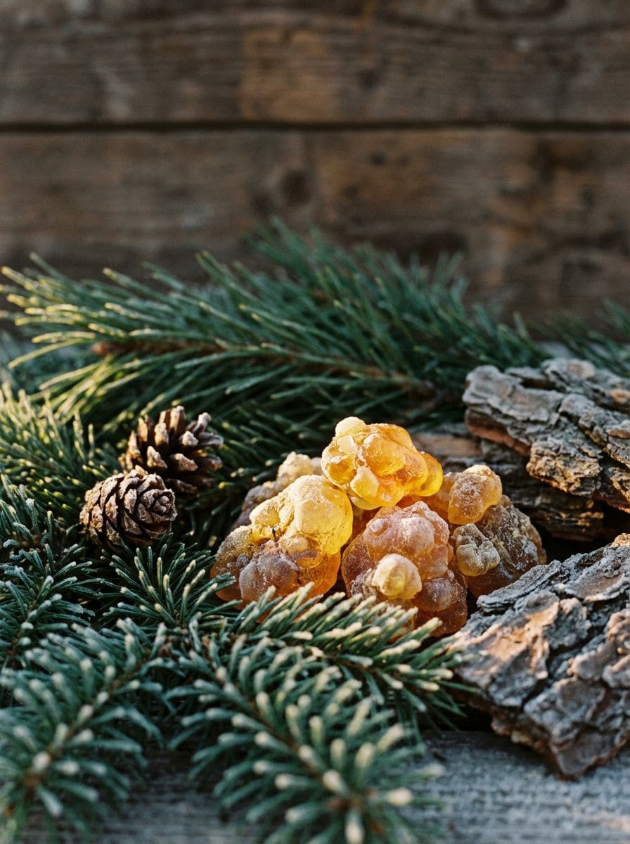 Stimmungsvolle Winter-Nahaufnahme: Leuchtende Harzklumpen, Fichtenzweige und Rinde im tiefen Licht.