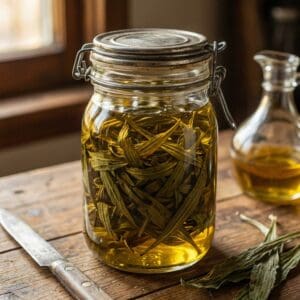 Spitzwegerich 7 Ein fest verschlossenes Einmachglas (Bügelglas) auf einem Holztisch, gefüllt mit angewelkten Spitzwegerichblättern, die in goldgelbem Pflanzenöl ziehen. Daneben liegen ein Messer und eine Öl-Karaffe. Das Bild zeigt das Ansetzen eines Heilöls.