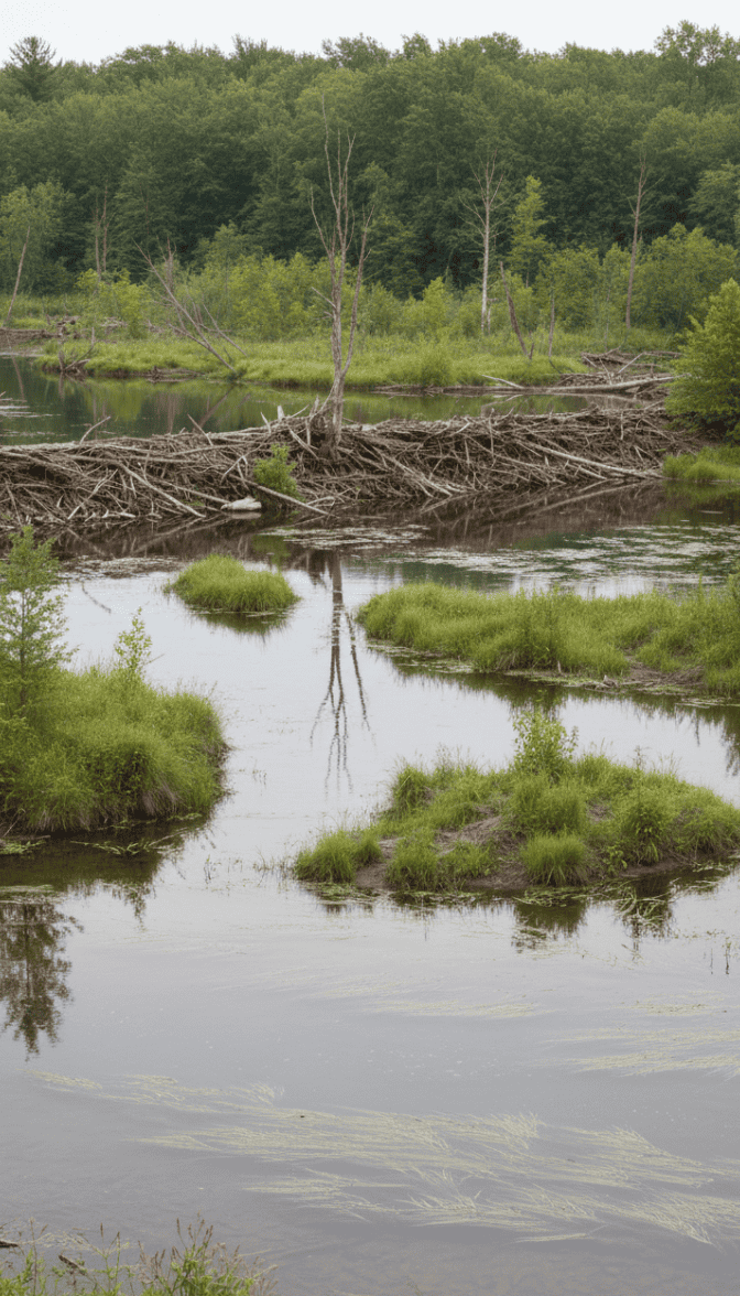 Von Bibern geschaffene Feuchtlandschaft mit Damm, flachen Wasserarmen, kleinen Inseln und junger Vegetation, die zeigt, wie der Biber Wasserläufe und Lebensräume verändert.
