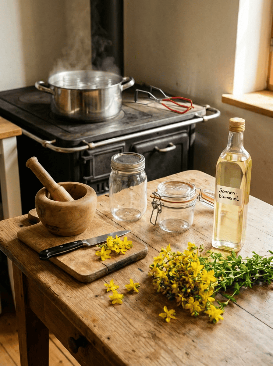 Küchentisch mit Johanniskraut, Sonnenblumenöl, Schraub- und Klemmbügelglas, Messer, Holzbrett und Mörser; im Hintergrund ein Topf mit kochendem Wasser zur Sterilisation der Gläser.