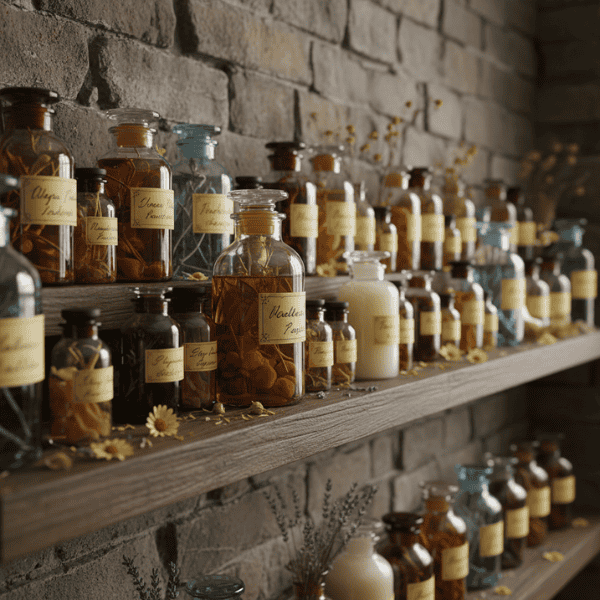 Holzregal an einer Steinwand mit zahlreichen Glasflaschen und Apothekergläsern, gefüllt mit Ölauszügen, Tinkturen, Harzen und getrockneten Pflanzenteilen – stilles Vorratswissen aus überlieferter Herstellung.