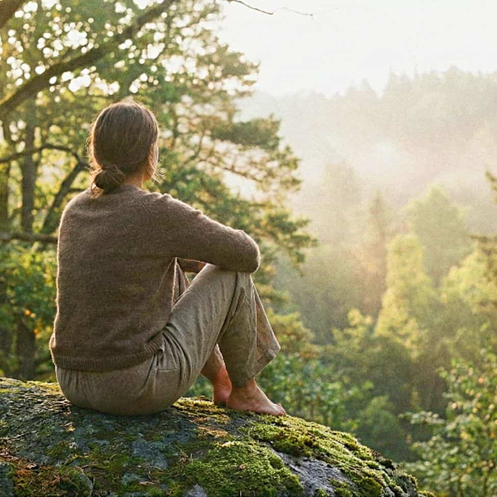 Eine Frau sitzt entspannt auf einem moosigen Felsen und blickt in einen nebligen Wald, Symbol für Ruhe und Heilung.