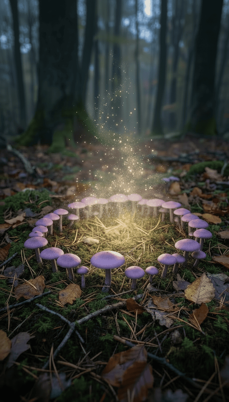 Ein kreisförmiger Hexenring aus violetten Pilzen auf bemoostem Waldboden, aus dessen Mitte goldene Lichtfunken aufsteigen.