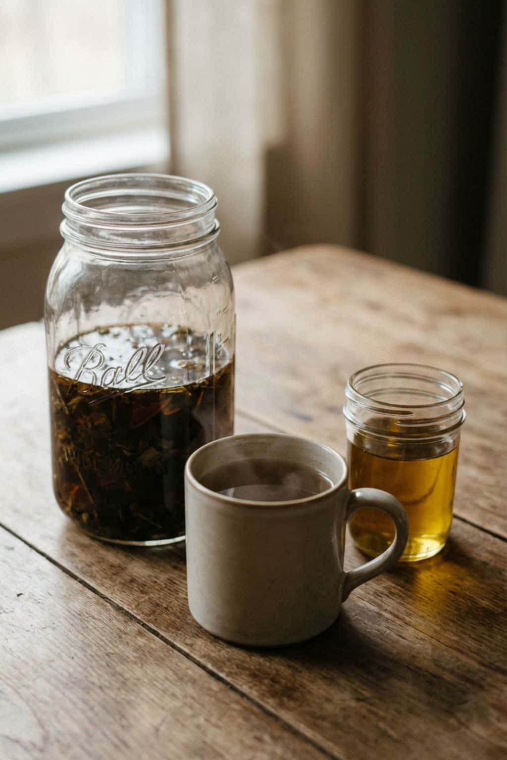 Auf einem Holztisch stehen ein großes Glas mit dunklem Kräuteransatz, ein kleineres Glas mit heller Flüssigkeit und eine Keramiktasse mit dampfendem Getränk; im Hintergrund ein Fenster mit weichem Tageslicht.