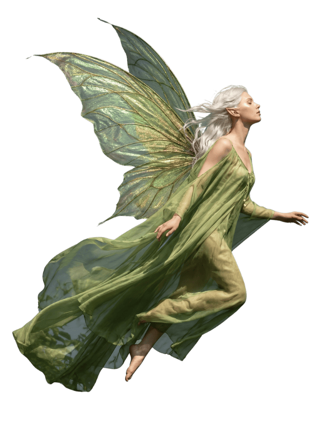 Eine anmutige Waldelfe im Flug mit schimmernden grünen Flügeln und einem Kleid aus Blättern auf transparentem Hintergrund.