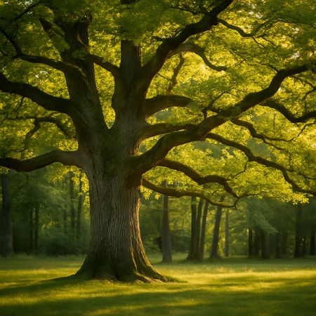 Große alte Eiche mit ausladender Krone im warmen Sonnenlicht auf einer Waldlichtung