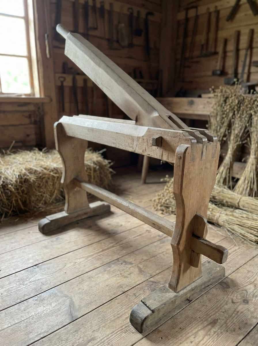 Ein historischer Flachsbrecher aus hellem Holz in einer Werkstatt, vorbereitet für das Brechen von Brennnesselstängeln.