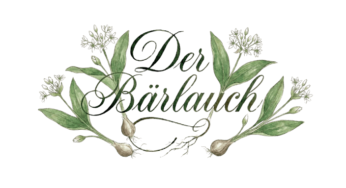 Künstlerisch gestalteter Bärlauch Schriftzug mit Illustrationen von Blättern und Zwiebeln auf transparentem Hintergrund.