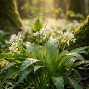 Bärlauch 1 Stimmungsvolle Makro-Aufnahme von frischem Bärlauch im lichtdurchfluteten Frühlingswald.