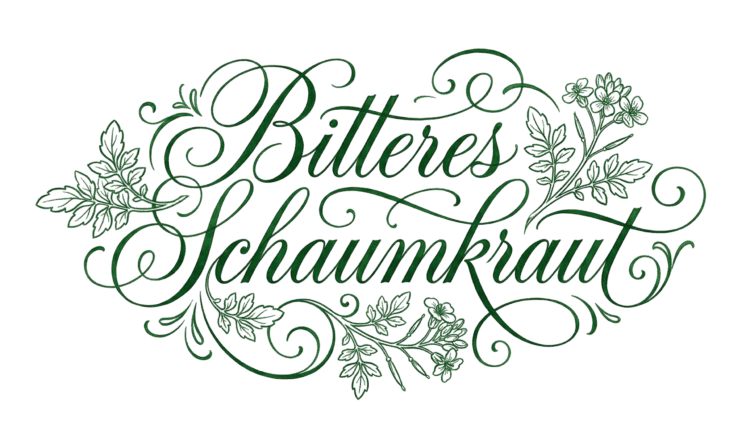 Eleganter Bitteres Schaumkraut Schriftzug mit botanischen Zeichnungen von Blättern und Blüten auf transparentem Hintergrund.