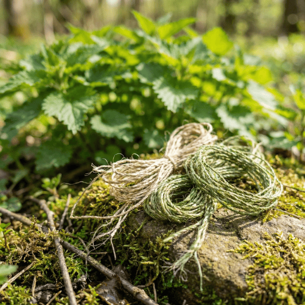 Feines, handgezwirntes Garn aus Brennnesselfasern in Naturtönen, das auf einem moosigen Stein vor grünen Brennnesselpflanzen im hellen Waldlicht liegt.