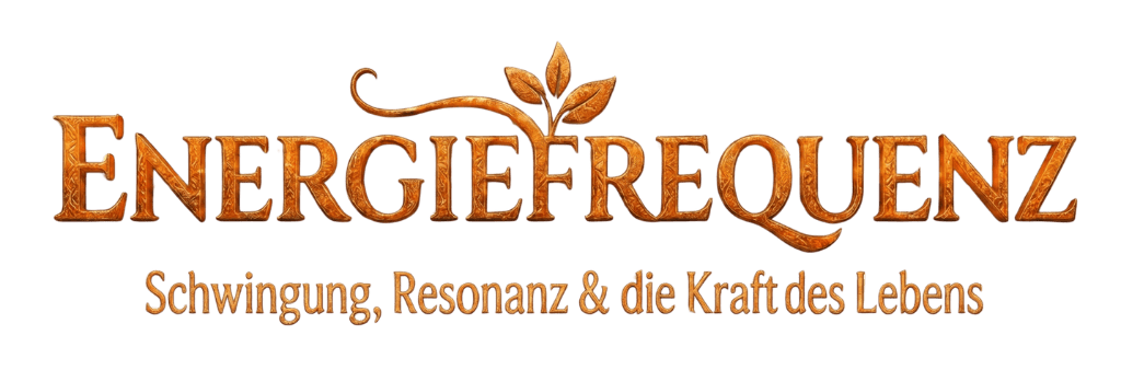 Logo Energiefrequenz mit Schriftzug ‚Schwingung, Resonanz & die Kraft des Lebens‘ in warmen Naturfarben, dekoratives Pflanzenmotiv, transparenter Hintergrund.