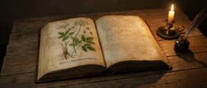 Giersch 16 Ein aufgeschlagenes, antikes Kräuterbuch mit einer botanischen Giersch-Zeichnung, Kerze und Feder auf einem Holztisch.