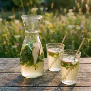 Giersch 3 Eine Glaskaraffe mit selbstgemachter Giersch-Limonade, Birnenscheiben und Minze steht auf einem sonnigen Gartentisch.