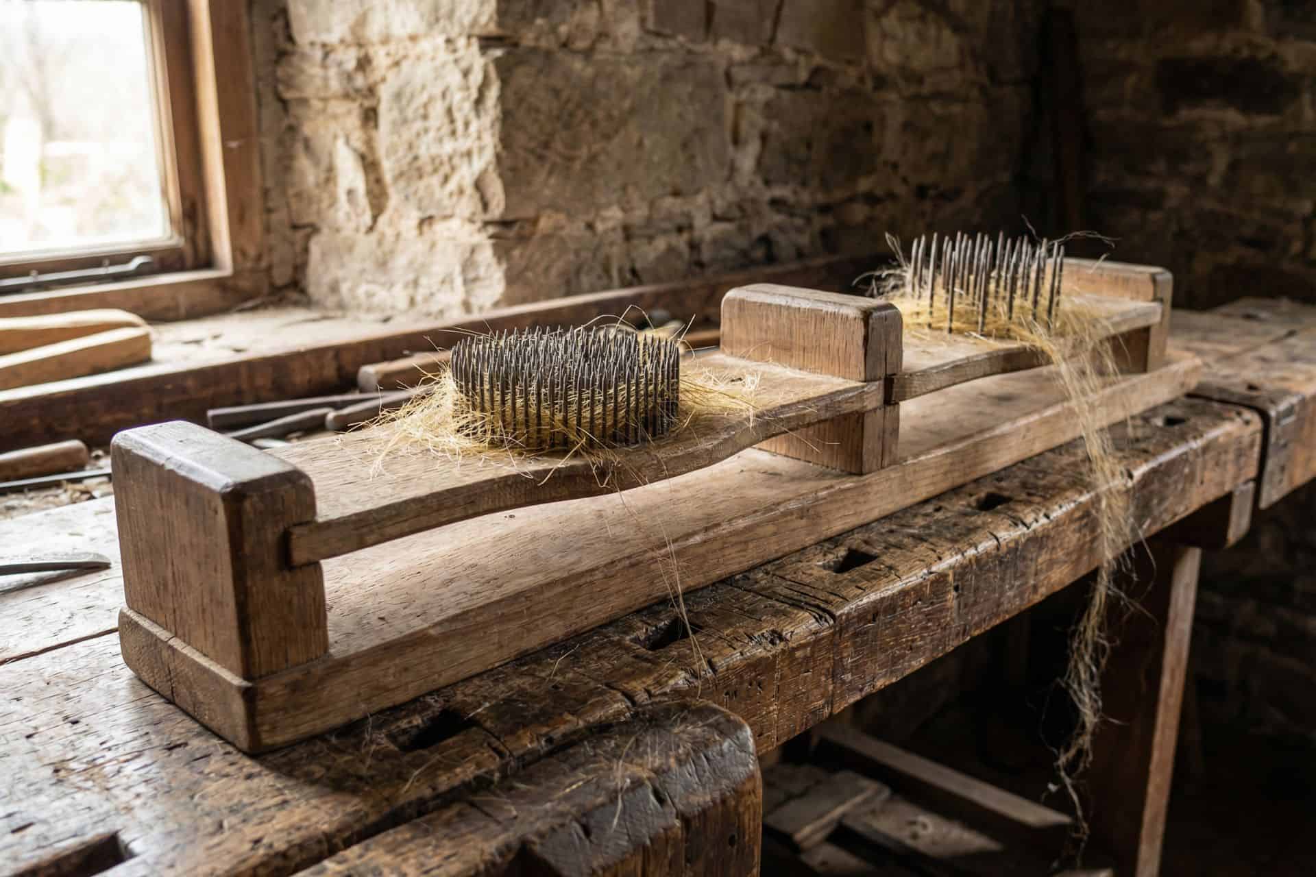 Ein hölzernes Hechelbrett mit langen Metallnadeln, durch die feine Brennnesselfasern zum Kämmen und Reinigen gezogen werden.