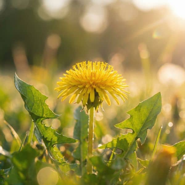 Leuchtend gelbe Löwenzahnblüte im Zentrum mit gezackten grünen Blättern in warmem, goldenem Sonnenlicht.