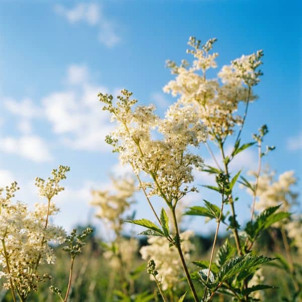 Zarte cremeweiße Blüten des Mädesüß vor einem strahlend blauen Himmel zur energetischen Harmonisierung.
