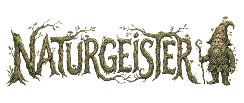 Schriftzug Naturgeister aus Ästen und Moos mit kleinem Waldgeist als Illustration, transparenter Hintergrund