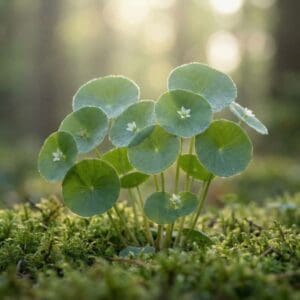 Tellerkraut 1 Eine Gruppe von Tellerkraut-Pflanzen mit ihren typischen runden Blättern im sanften Gegenlicht.