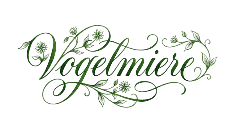 Verschnörkelter Vogelmiere Schriftzug umgeben von zarten Ranken und Sternblüten auf transparentem Hintergrund.