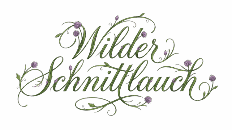 Schnittlauch Schriftzug mit filigranen violetten Blütenkugeln und Ranken auf transparentem Hintergrund.