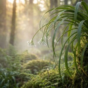 Wunderlauch 1 Detailaufnahme von Wunderlauch-Blättern und kleinen weißen Blüten in einer nebligen Waldstimmung.