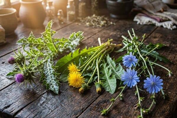 Heilpflanzen Mariendistel, Löwenzahn und Wegwarte liegend auf einem rustikalen Holztisch als energetischer Weckruf der Bitterstoffe