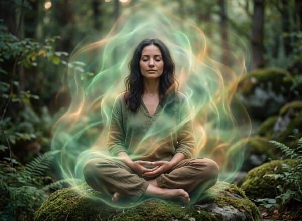 Darstellung der energetischen Signatur der Leber als heilende Aura bei der Meditation im Wald zur energetischen Erneuerung