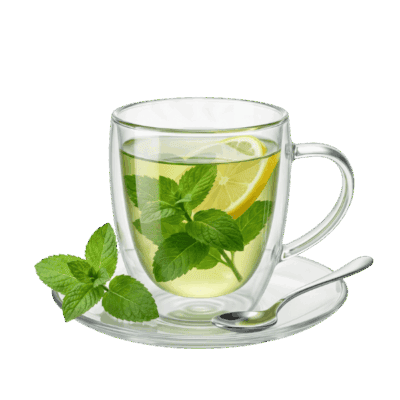 Ein goldgelber Kräutertee in einer doppelwandigen Glastasse, angerichtet mit frischen Minzblättern und einer Zitronenscheibe auf einer gläsernen Untertasse mit einem silbernen Löffel.