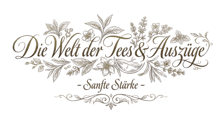Ein kunstvoller, kalligraphischer Schriftzug mit dem Text 'Die Welt der Tees & Auszüge – Sanfte Stärke', umrahmt von feinen botanischen Zeichnungen von Heilpflanzen, Blüten und Teeblättern in warmen Erdtönen.