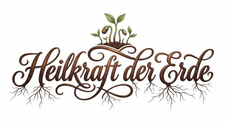 Kunstvoller Schriftzug Heilkraft der Erde, verziert mit tiefen Baumwurzeln und einem jungen Keimling, der aus dem Boden sprießt – Sinnbild für lebendige Erdenkraft.