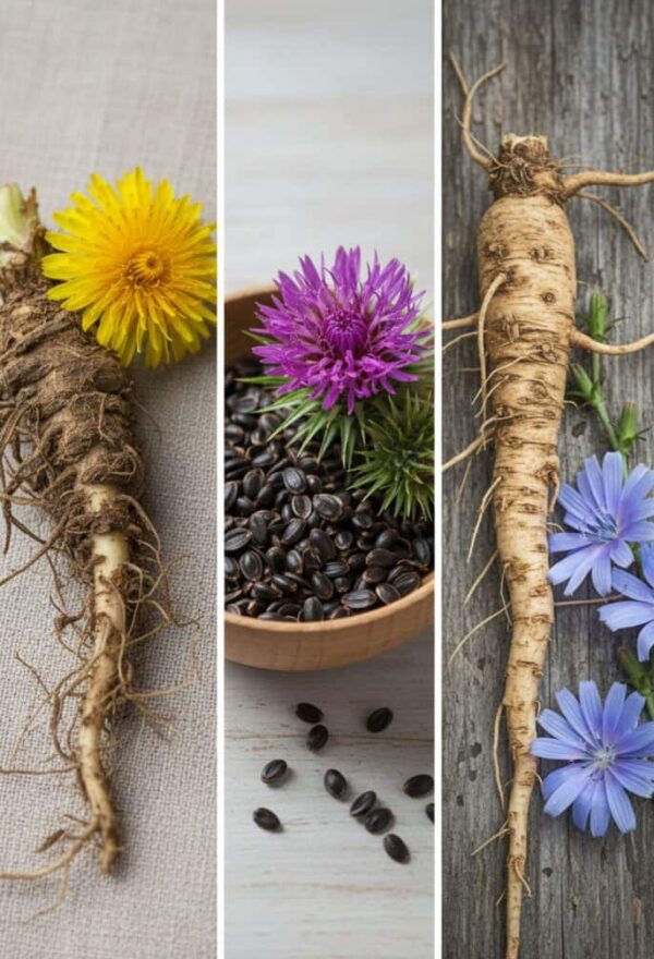 Botanische Fotocollage der Leberkur-Bestandteile: Löwenzahnwurzel, Mariendistelsamen und Wegwartenwurzel jeweils mit ihren Blüten für kompetente Naturheilkunde