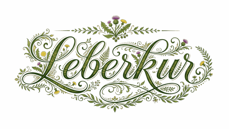 Ornamentaler Schriftzug Leberkur mit Illustrationen von Mariendistel und Löwenzahn für die natürliche Entgiftung