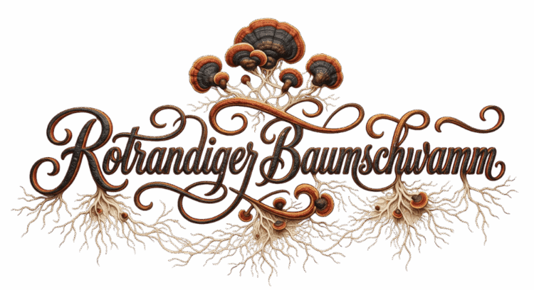 Künstlerisch gestalteter Schriftzug Rotrandiger Baumschwamm mit Pilz-Illustrationen und Myzel-Wurzelwerk für die Naturheilkunde.