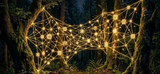 Ein leuchtendes goldenes Energienetz webt sich zwischen uralten Bäumen als Symbol für den Webstuhl der Maya.