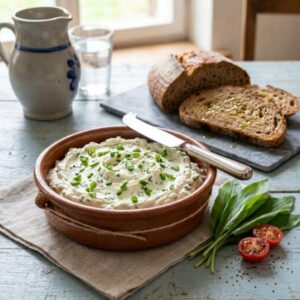 Bärlauch 11 Cremiger hausgemachter Bärlauch-Frischkäse mit Schnittlauchröllchen in rustikaler Tonschale, daneben frisches Landbrot mit Olivenöl, Bärlauchblätter, Cocktailtomaten und blauer Bürgeler Krug – traditionelle märkische Wildkräuterküche aus Brandenburg.