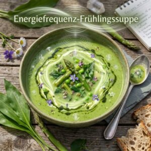 Bärlauch 4 Cremige grüne Bärlauch-Frühlingssuppe mit Wildspargel, Erbsen und essbaren Blüten in einer Keramikschale – kraftvolles Energierezept aus der Brandenburger Wildkräuterküche.