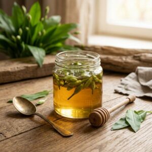 Bärlauch 6 Frische Bärlauchknospen in goldenem Honig eingelegt im Glas, daneben antiker Silberlöffel und Honiglöffel auf rustikalem