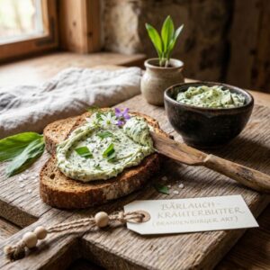 Bärlauch 3 Hausgemachte Bärlauch-Kräuterbutter auf kräftigem Landbrot, verziert mit Bärlauchblüten und Veilchen – rustikaler Frühlingsgenuss aus der Brandenburger Wildkräuterküche.
