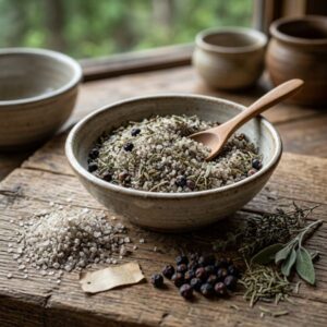 Bärlauch 5 Aromatisches Wildkräutersalz mit Bärlauch, Rosmarin, Thymian und Wacholderbeeren in Keramikschale – handgemachte Gewürzmischung aus der Brandenburger Naturküche.