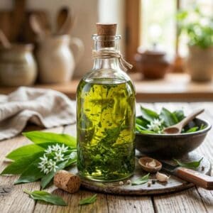 Bärlauch 8 Goldgelbes hausgemachtes Bärlauch-Öl in Glasflasche mit Korken, umgeben von frischen Bärlauchblättern, Bärlauchblüten und Knoblauchzehen auf rustikalem Holztisch – aromatisches Wildkräuteröl aus der Brandenburger Naturküche.