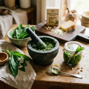 Bärlauch 2 Frisch gemörsertes Bärlauch-Pesto in Steinmörser und Weckglas, mit Pinienkernen, Parmesan und frischen Bärlauchblättern – traditionelle Zubereitung aus der Brandenburger Wildkräuterküche.